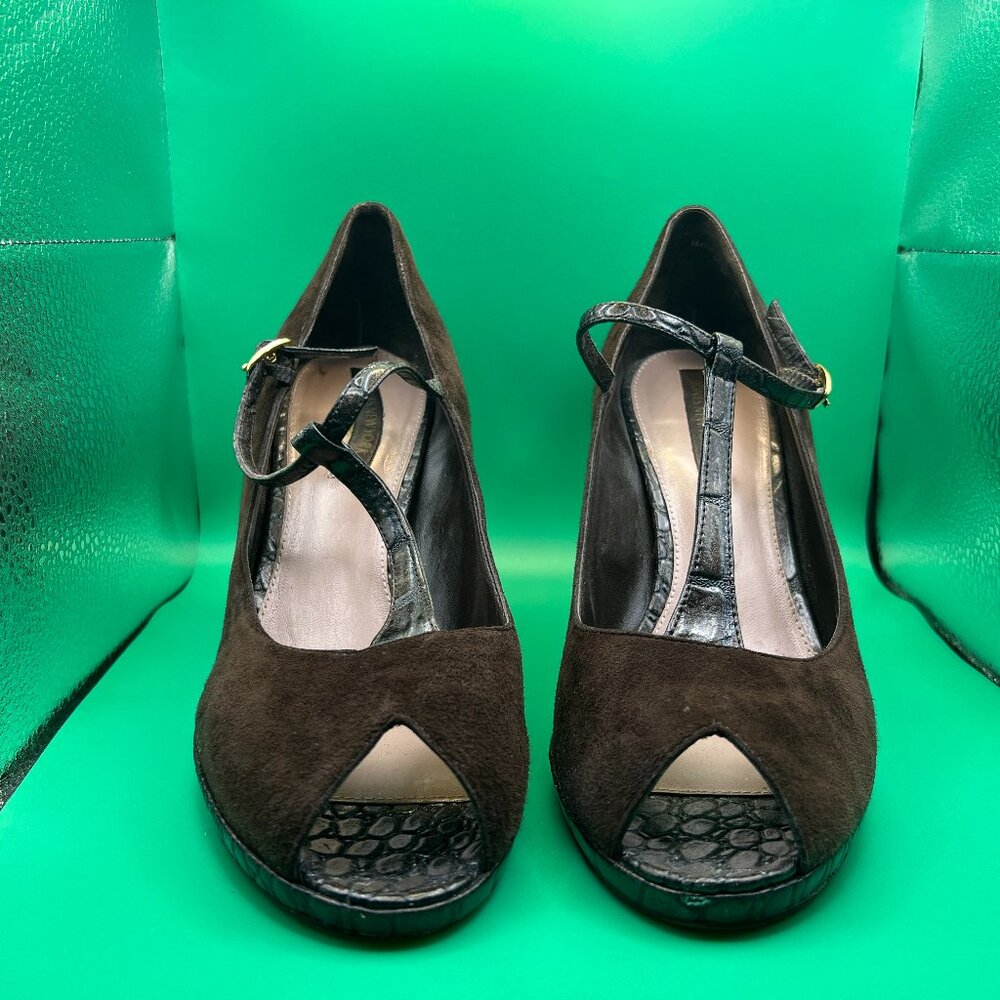 Jones New York Brown Suede T-Strap Peep-Toe Heels--Women's Size 9